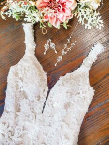 Lace wedding dress and accessories.