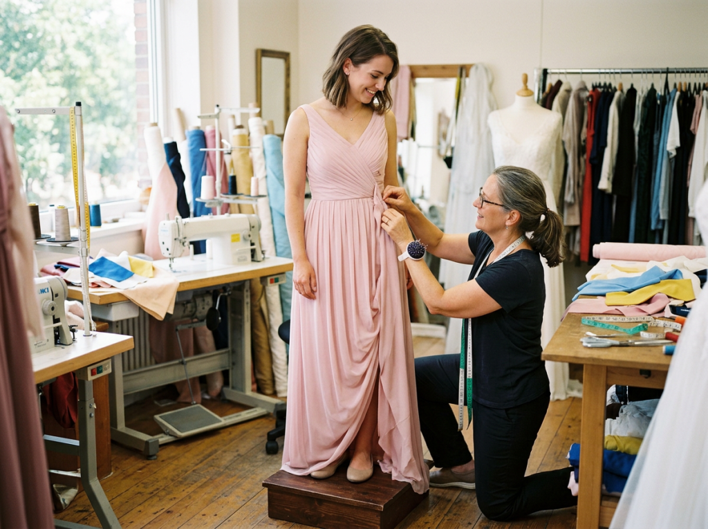 Seamstress making adjustments to a bridesmaid in her bridesmaid dress